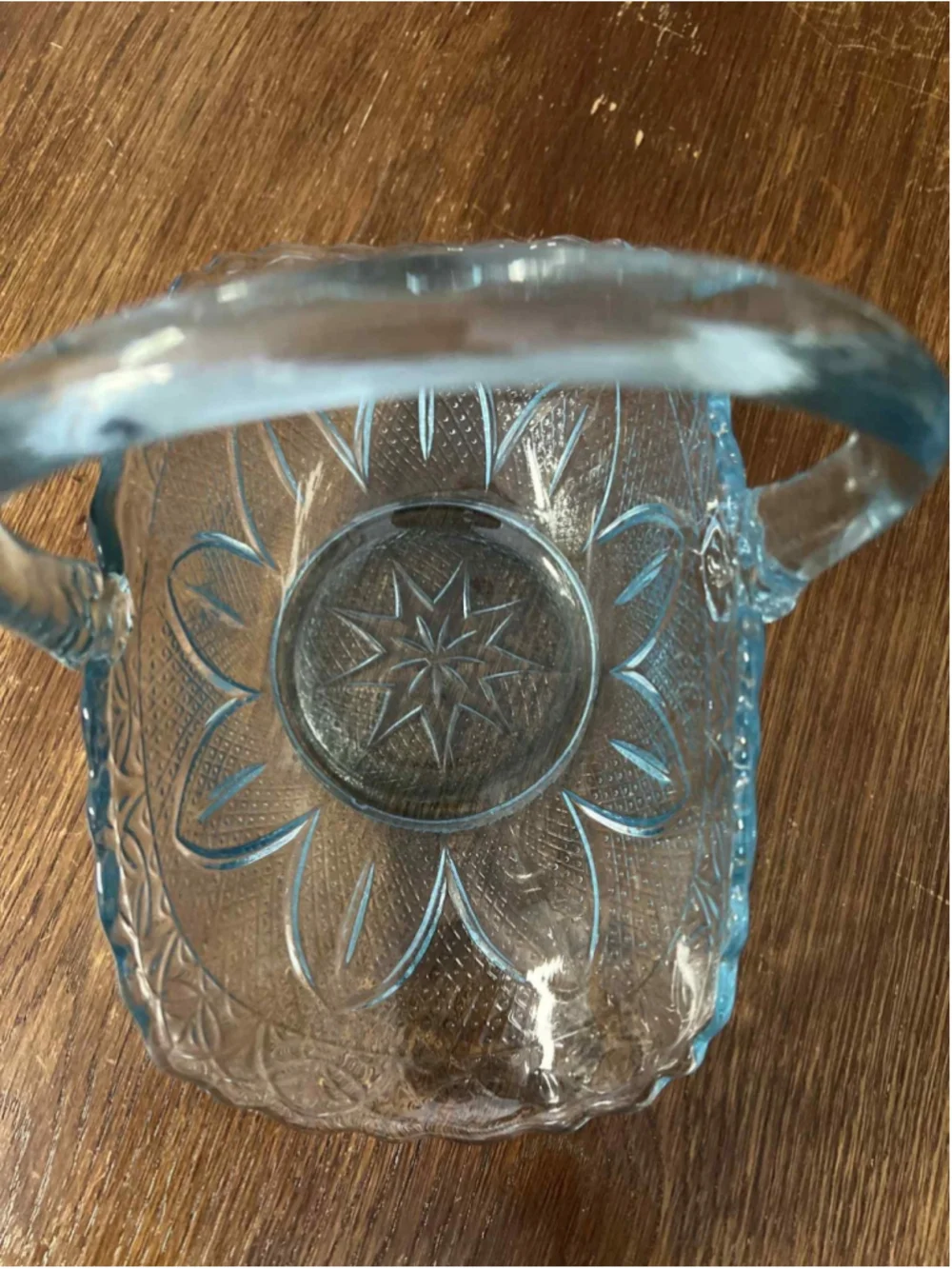 Vintage Aqua Blue Pressed Glass Basket Starburst Diamond Point Candy Dish